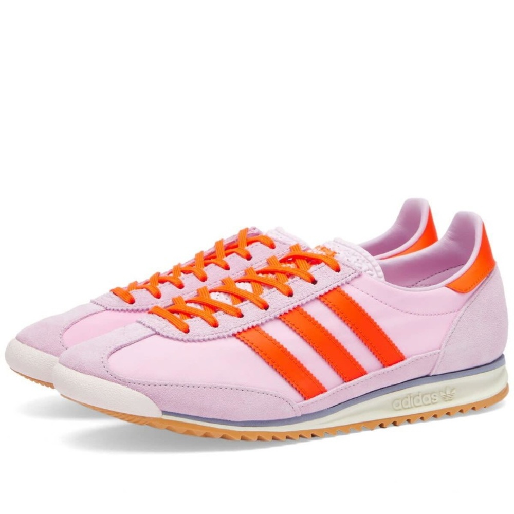 Women's Adidas SL 72 OG sneakers in ice Lavender/Impact Orange colorway.